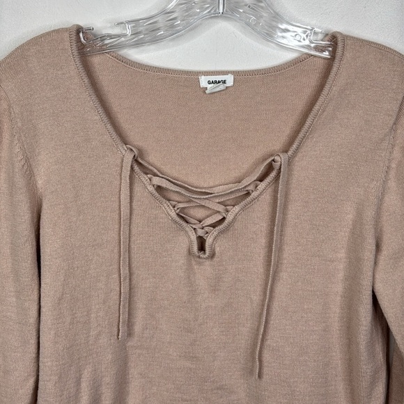 Garage Tan Lace Up Long Sleeve Lightweight Pullover Sweater Size Medium - Picture 2 of 7